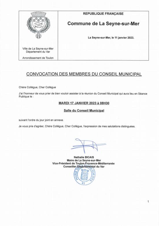 Conseil Municipal du 23/01/2023 à La Seyne