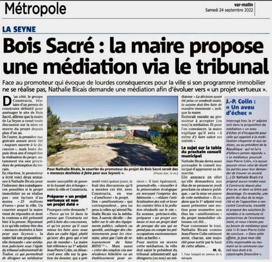 Bois sacré - Var Matin du 24/09/2022