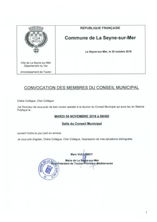 L'Ordre du Jour du Conseil municipal de La Seyne sur Mer du 05/11/2019