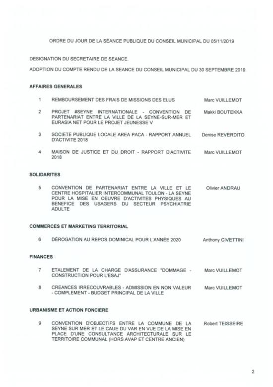 L'Ordre du Jour du Conseil municipal de La Seyne sur Mer du 05/11/2019