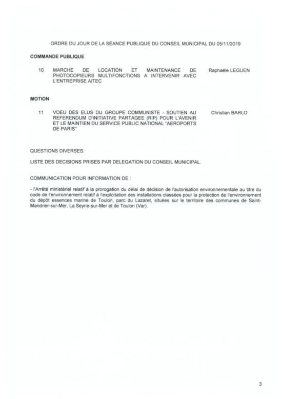 L'Ordre du Jour du Conseil municipal de La Seyne sur Mer du 05/11/2019