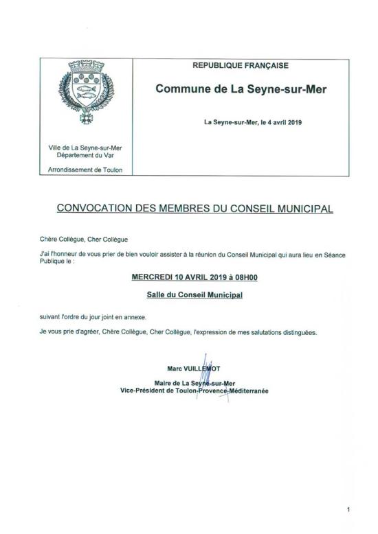 L'Ordre du Jour du Conseil municipal de La Seyne sur Mer du 10/04/2019
