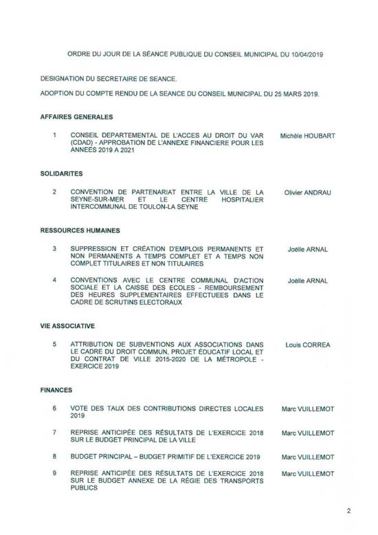 L'Ordre du Jour du Conseil municipal de La Seyne sur Mer du 10/04/2019