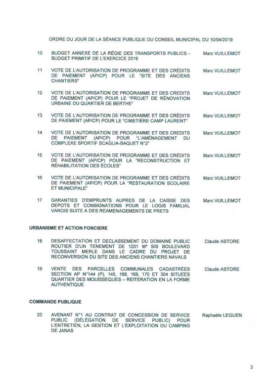 L'Ordre du Jour du Conseil municipal de La Seyne sur Mer du 10/04/2019