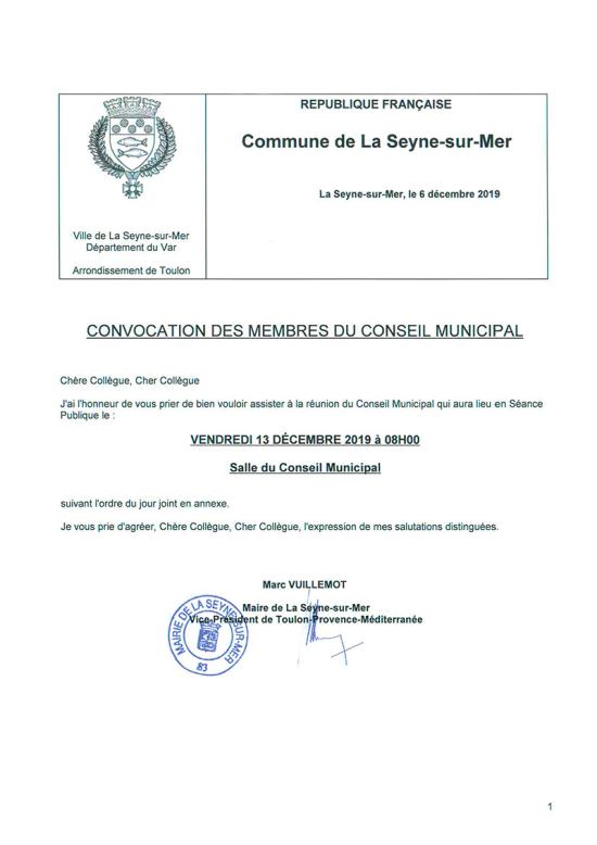 L'Ordre du Jour du Conseil municipal de La Seyne sur Mer du 13/12/2019