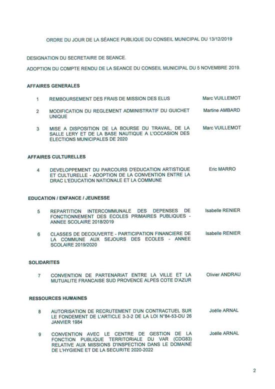 L'Ordre du Jour du Conseil municipal de La Seyne sur Mer du 13/12/2019