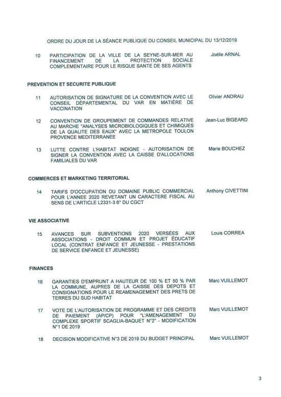 L'Ordre du Jour du Conseil municipal de La Seyne sur Mer du 13/12/2019