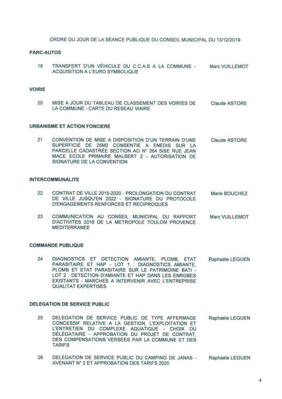 L'Ordre du Jour du Conseil municipal de La Seyne sur Mer du 13/12/2019