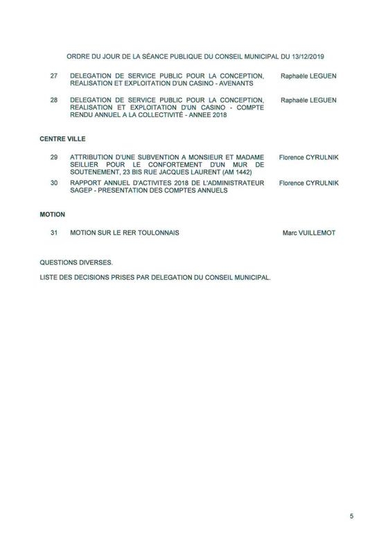 L'Ordre du Jour du Conseil municipal de La Seyne sur Mer du 13/12/2019