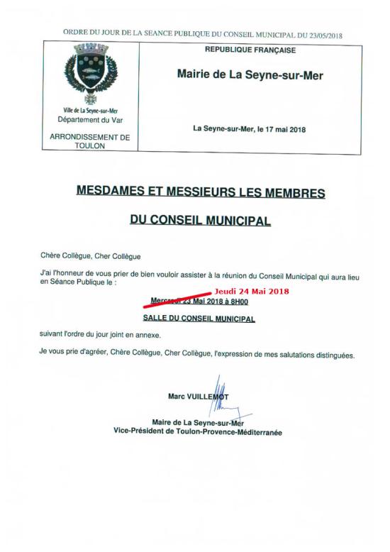 L'Ordre du Jour du Conseil municipal de La Seyne sur Mer du 23/05/2018