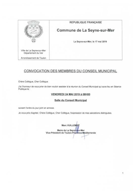 L'Ordre du Jour du Conseil municipal de La Seyne sur Mer du 24/05/2019