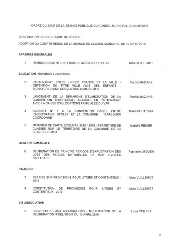L'Ordre du Jour du Conseil municipal de La Seyne sur Mer du 24/05/2019