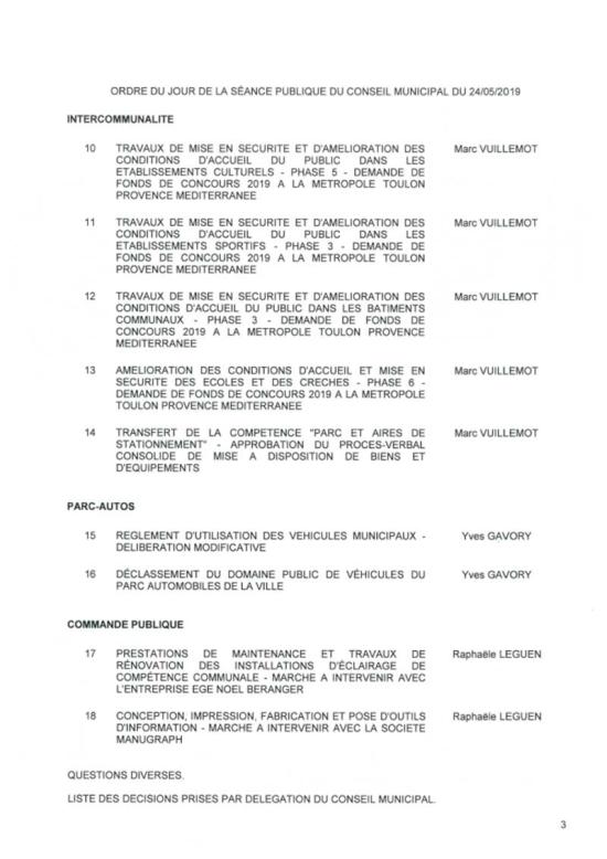 L'Ordre du Jour du Conseil municipal de La Seyne sur Mer du 24/05/2019