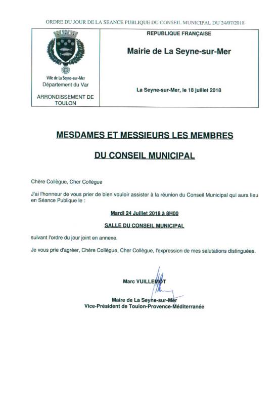 L'Ordre du Jour du Conseil municipal de La Seyne sur Mer du 24/07/2018