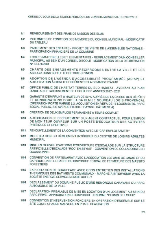 L'Ordre du Jour du Conseil municipal de La Seyne sur Mer du 24/07/2018