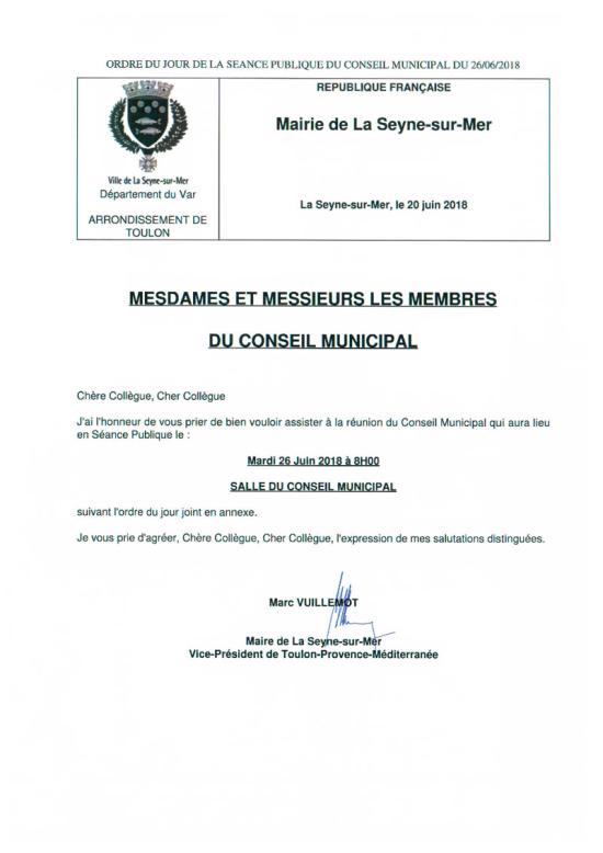 L'Ordre du Jour du Conseil municipal de La Seyne sur Mer du 26/06/2018