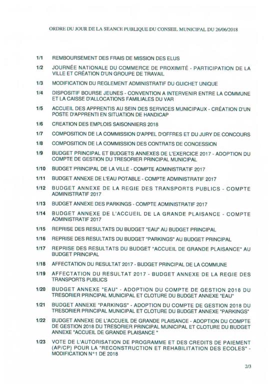 L'Ordre du Jour du Conseil municipal de La Seyne sur Mer du 26/06/2018