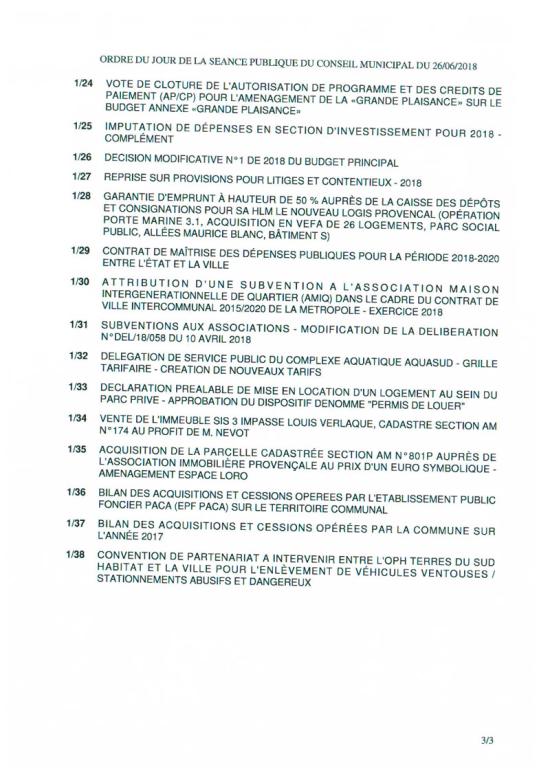 L'Ordre du Jour du Conseil municipal de La Seyne sur Mer du 26/06/2018