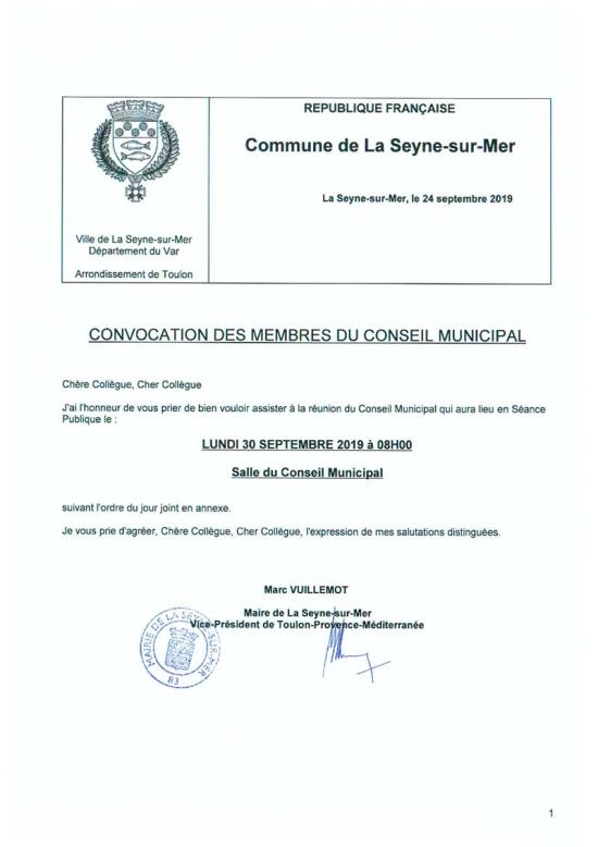 L'Ordre du Jour du Conseil municipal de La Seyne sur Mer du 30/09/2019
