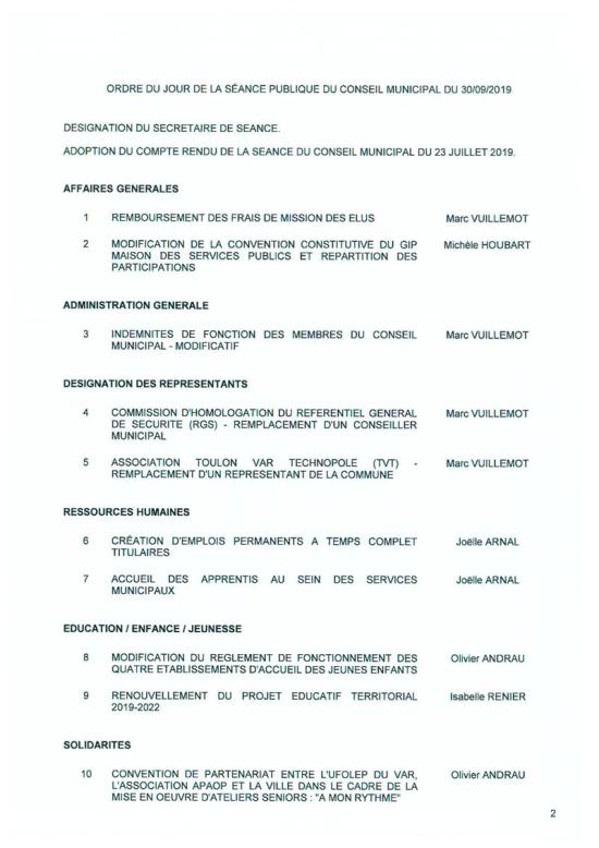 L'Ordre du Jour du Conseil municipal de La Seyne sur Mer du 30/09/2019
