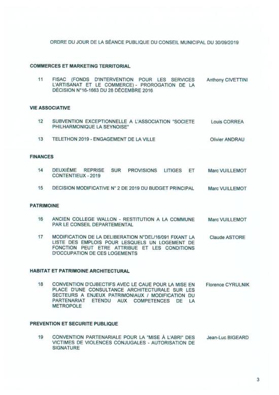 L'Ordre du Jour du Conseil municipal de La Seyne sur Mer du 30/09/2019