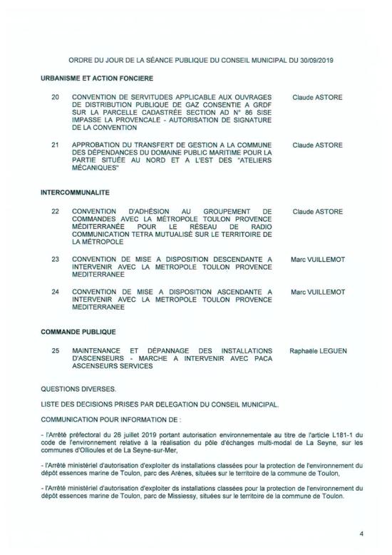 L'Ordre du Jour du Conseil municipal de La Seyne sur Mer du 30/09/2019