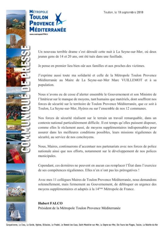 La Seyne sur Mer - Réaction: Hubert Falco, Maire de Toulon à Marc Vuillemot 10/09/2018