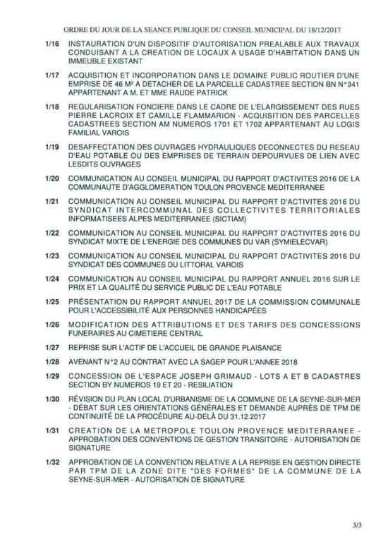 Conseil municipal Seynois - Lundi 18 Décembre 2017