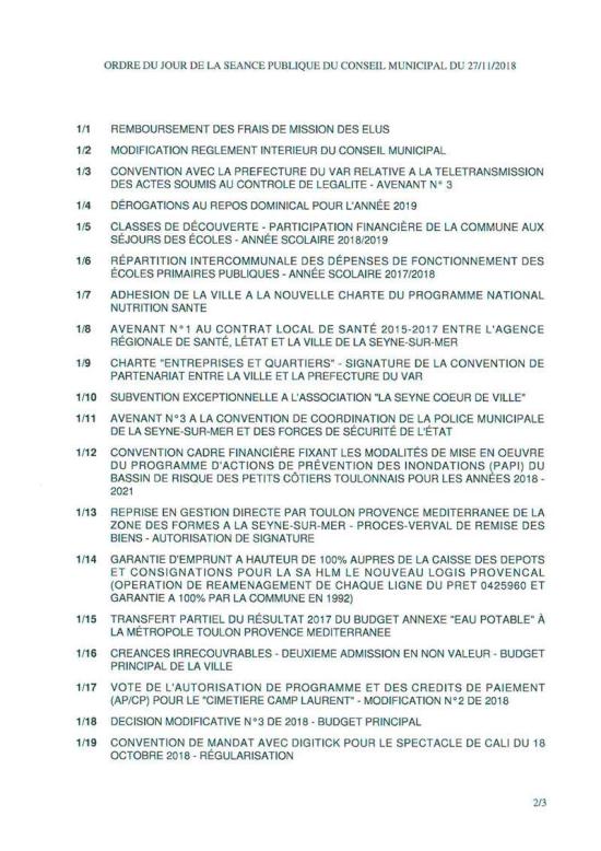 L'Ordre du Jour du Conseil municipal de La Seyne sur Mer du 27/11/2018