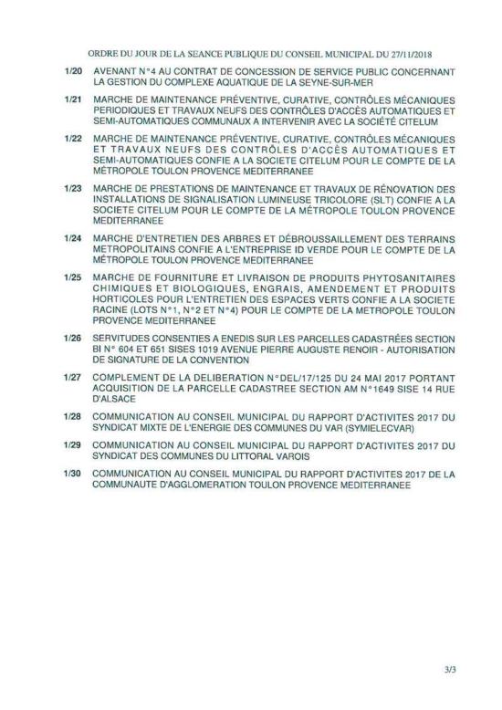 L'Ordre du Jour du Conseil municipal de La Seyne sur Mer du 27/11/2018