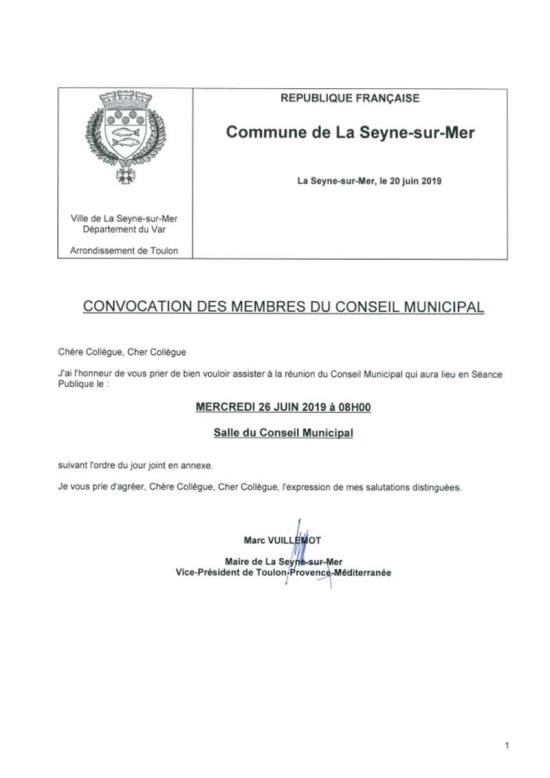 L'Ordre du Jour du Conseil municipal de La Seyne sur Mer du 26/06/2019
