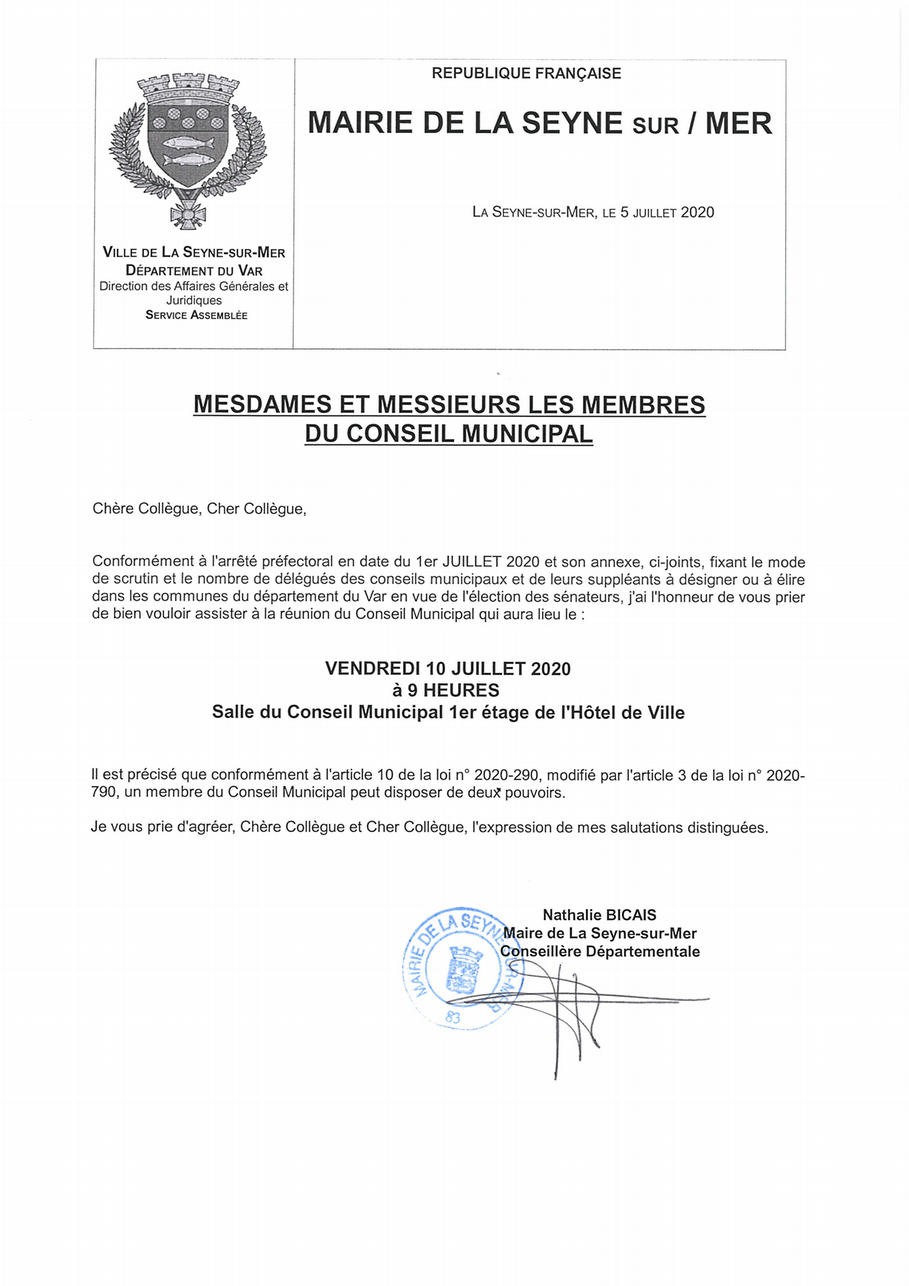 L'Ordre du Jour du Conseil municipal de La Seyne du 10/07/2020
