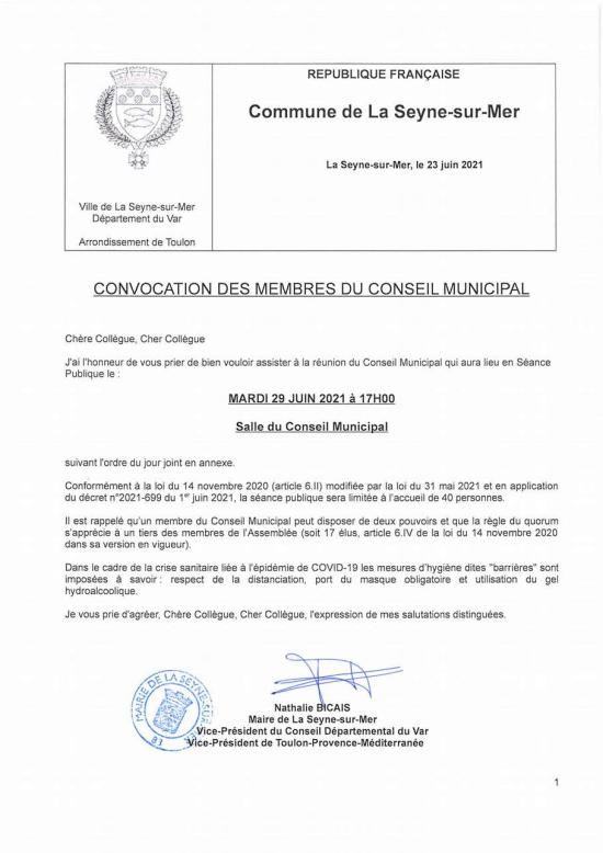 L'Ordre du Jour du Conseil municipal Seynois du Mardi 29/06/2021