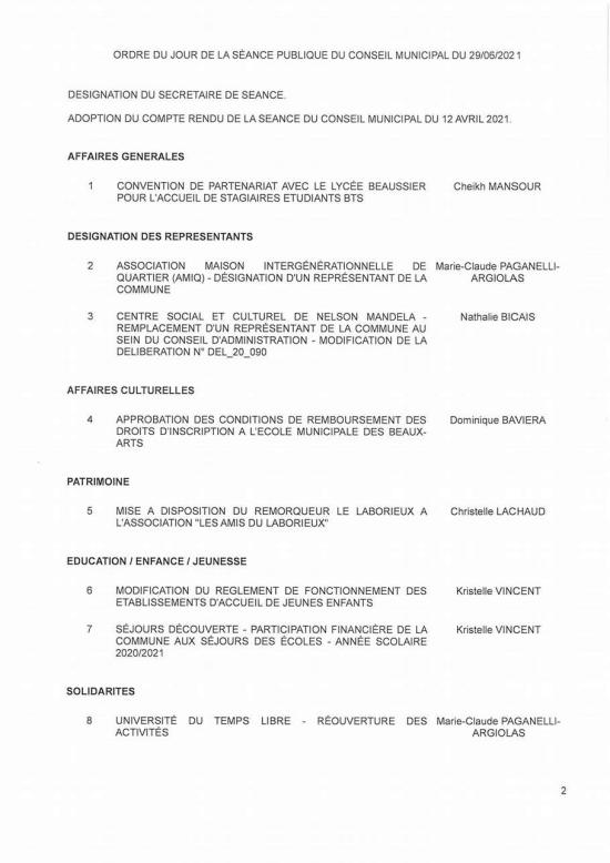 L'Ordre du Jour du Conseil municipal Seynois du Mardi 29/06/2021