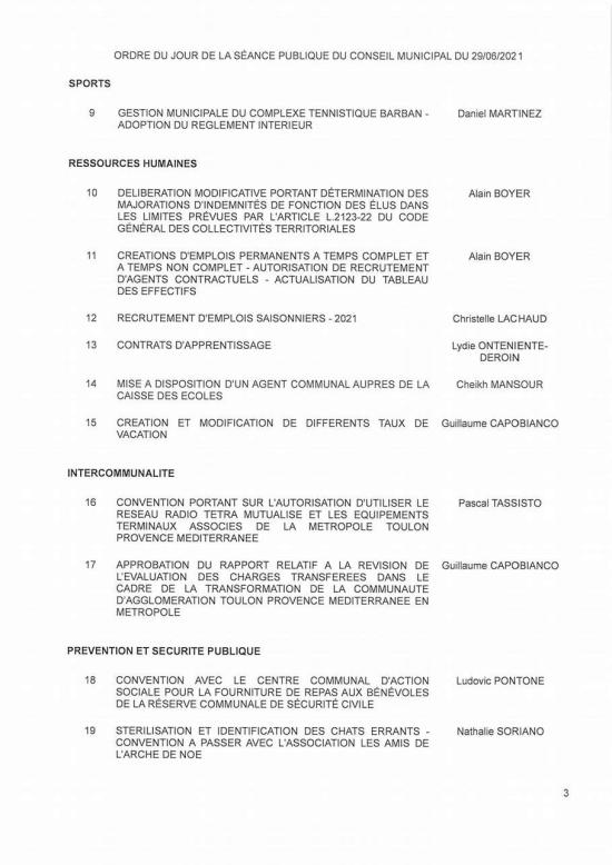 L'Ordre du Jour du Conseil municipal Seynois du Mardi 29/06/2021