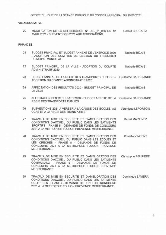 L'Ordre du Jour du Conseil municipal Seynois du Mardi 29/06/2021