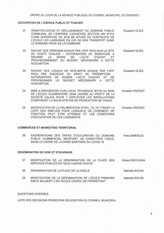 L'Ordre du Jour du Conseil municipal Seynois du Mardi 29/06/2021