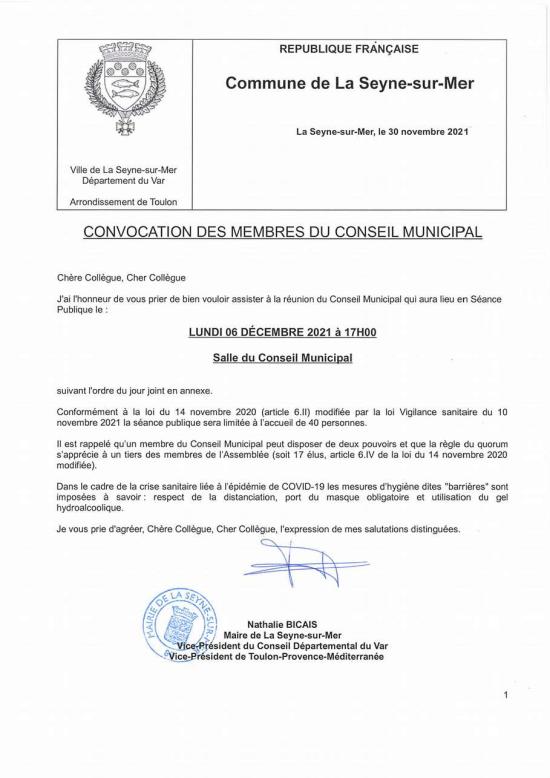 L'Ordre du Jour du Conseil municipal Seynois du Lundi 06/12/2021