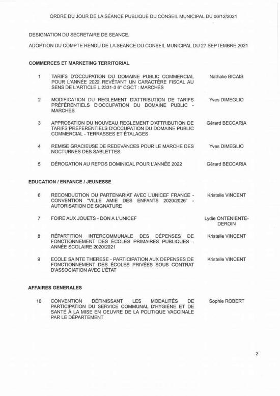 L'Ordre du Jour du Conseil municipal Seynois du Lundi 06/12/2021