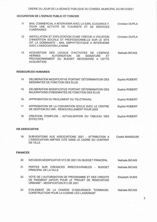 L'Ordre du Jour du Conseil municipal Seynois du Lundi 06/12/2021