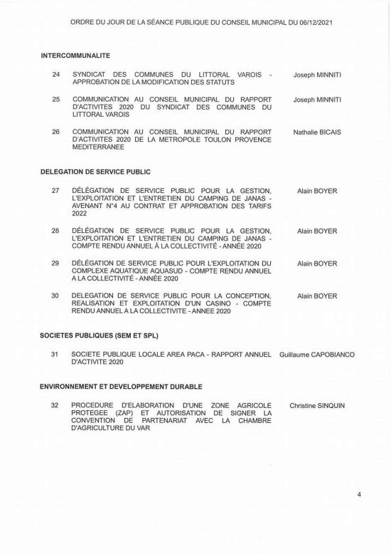 L'Ordre du Jour du Conseil municipal Seynois du Lundi 06/12/2021