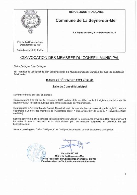 L'Ordre du Jour du Conseil municipal Seynois du Mardi 21/12/2021