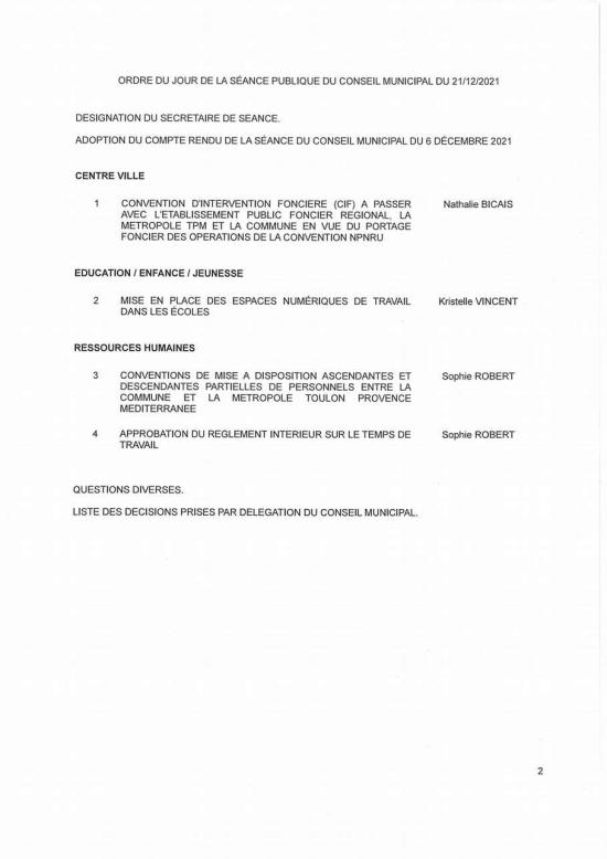 L'Ordre du Jour du Conseil municipal Seynois du Mardi 21/12/2021