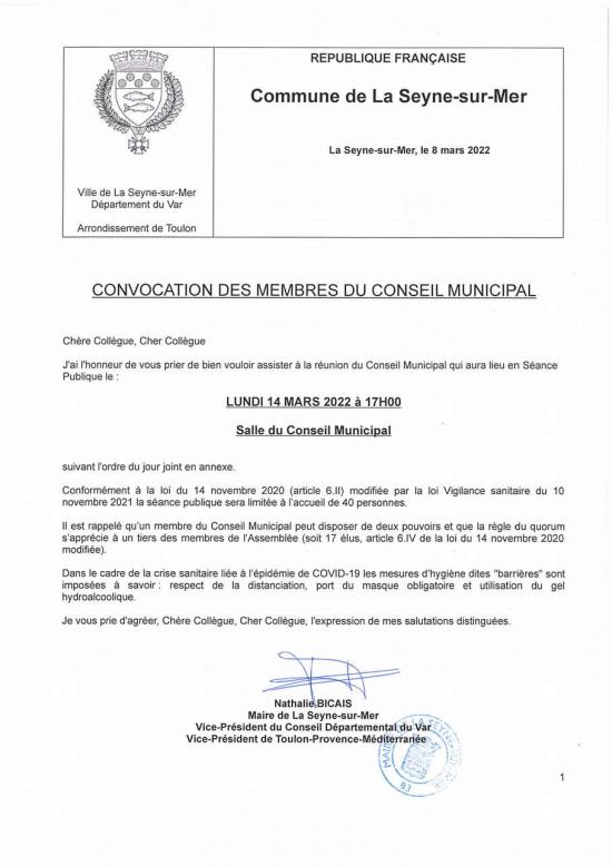 L'Ordre du Jour du Conseil municipal Seynois du Lundi 14/03/2022