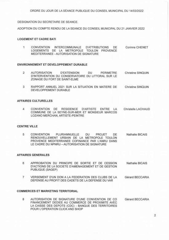 L'Ordre du Jour du Conseil municipal Seynois du Lundi 14/03/2022