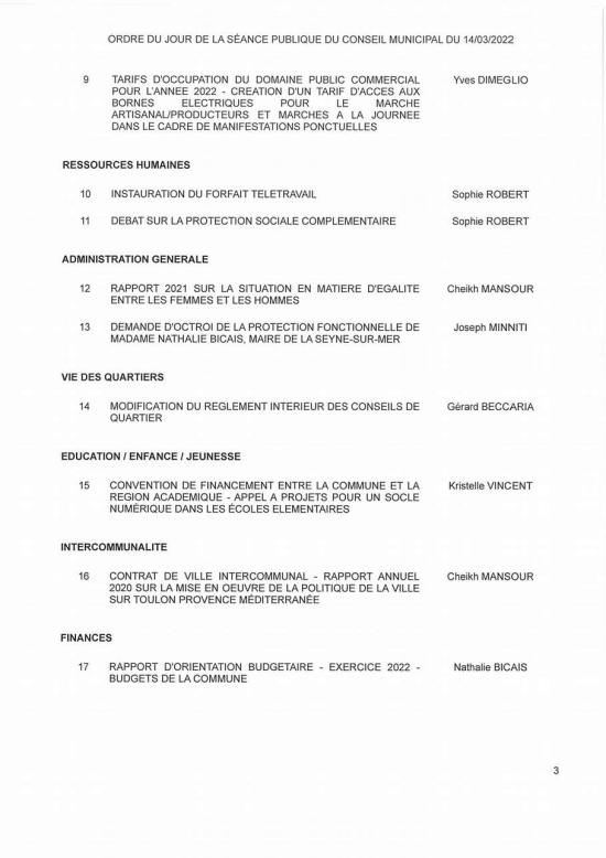 L'Ordre du Jour du Conseil municipal Seynois du Lundi 14/03/2022