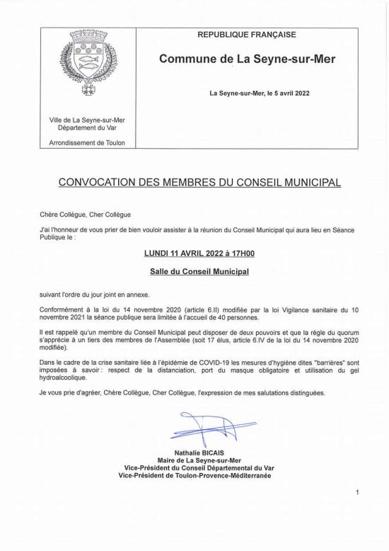 L'Ordre du Jour du Conseil municipal Seynois du Lundi 11/04/2022