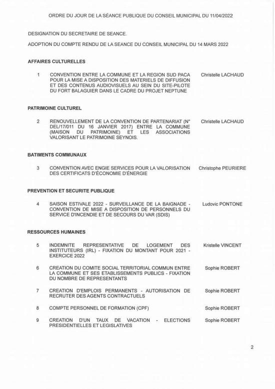 L'Ordre du Jour du Conseil municipal Seynois du Lundi 11/04/2022