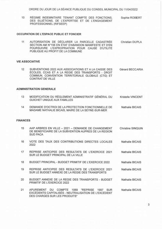 L'Ordre du Jour du Conseil municipal Seynois du Lundi 11/04/2022