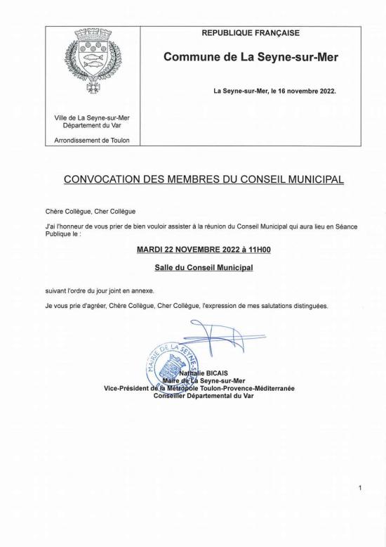 La Seyne: L'Ordre du Jour du Conseil Municipal du Mardi 22/11/2022